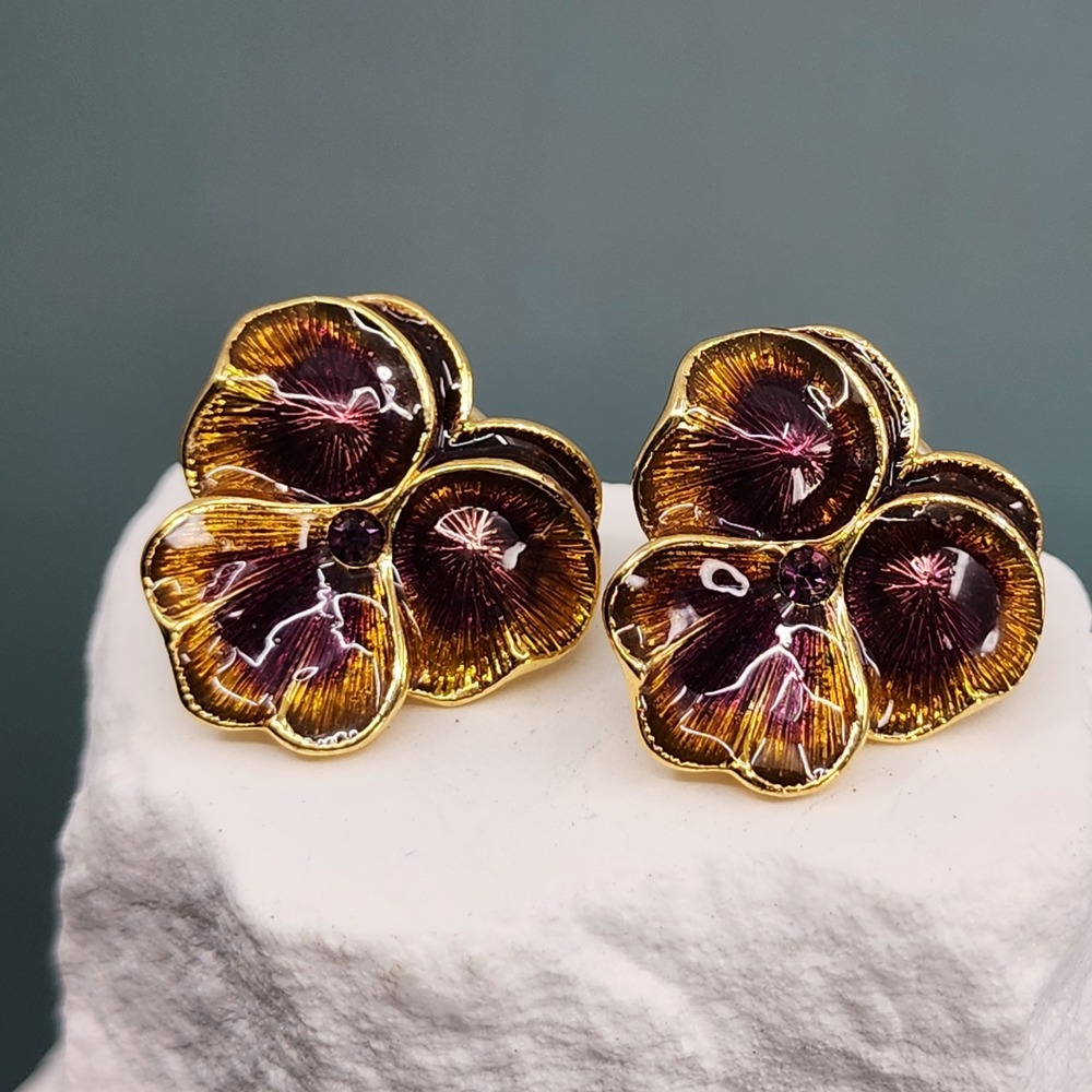 Joan Rivers Purple Enamel Pansy Flower Rhinestone Gold Tone Pierced Earrings
